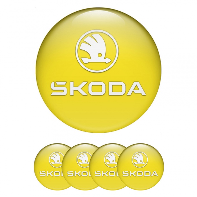 Skoda Stickers for Wheels Center Caps Yellow Base White Logo Design