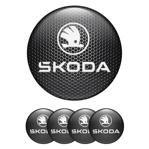 Skoda Center Wheel Caps Stickers Dark Metal Surface White Logo Edition