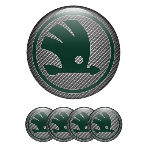 Skoda Domed Stickers for Wheel Center Caps Carbon Fiber Green Logo