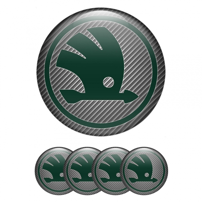 Skoda Domed Stickers for Wheel Center Caps Carbon Fiber Green Logo