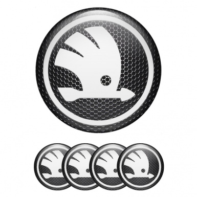 Skoda Center Wheel Caps Stickers Dark Metal White Wings Logo Edition