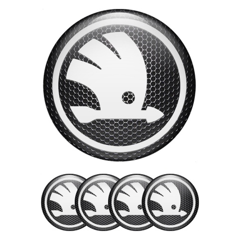 Skoda Center Wheel Caps Stickers Dark Metal White Wings Logo Edition