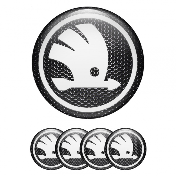 Skoda Center Wheel Caps Stickers Dark Metal White Wings Logo Edition