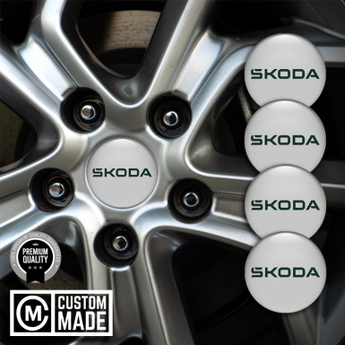 Skoda Domed Stickers for Wheel Center Caps Grey Fill Green  Logo