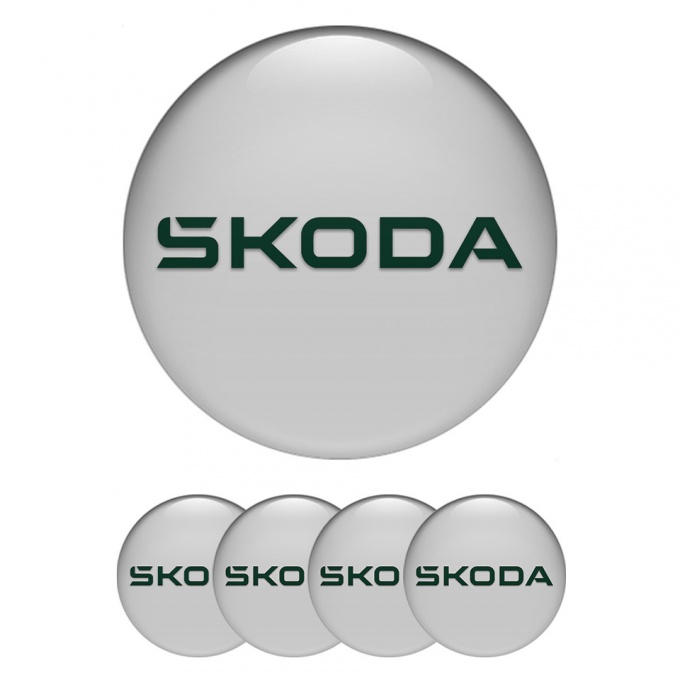 Skoda Domed Stickers for Wheel Center Caps Grey Fill Green  Logo