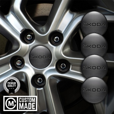 Skoda Center Caps Wheel Emblem Dark Metal Base Black Logo Variant