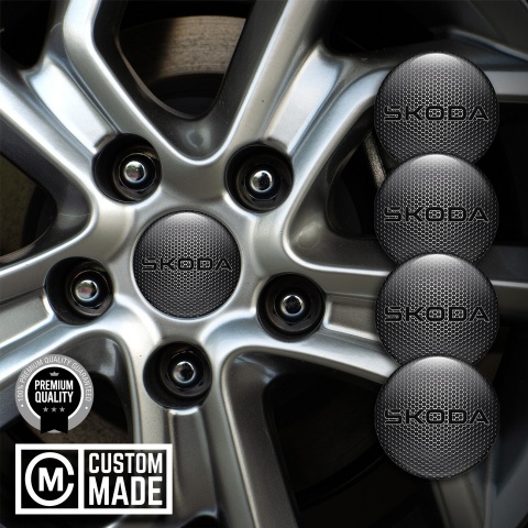 Skoda Center Caps Wheel Emblem Dark Metal Base Black Logo Variant