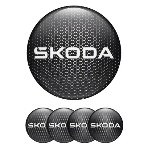 Skoda Center Wheel Caps Stickers Dark Metal Motif White Logo Edition