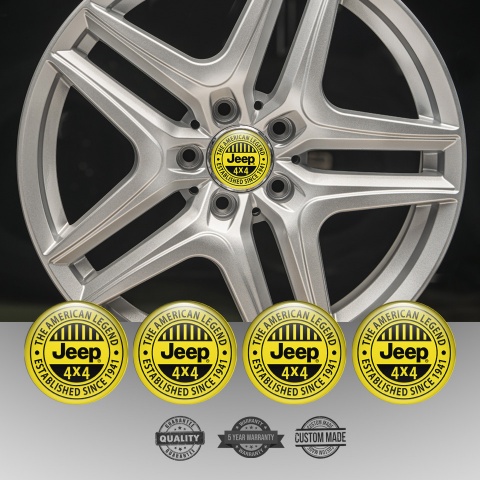 Jeep Domed Stickers for Wheel Center Caps Yellow Fill Black Logo