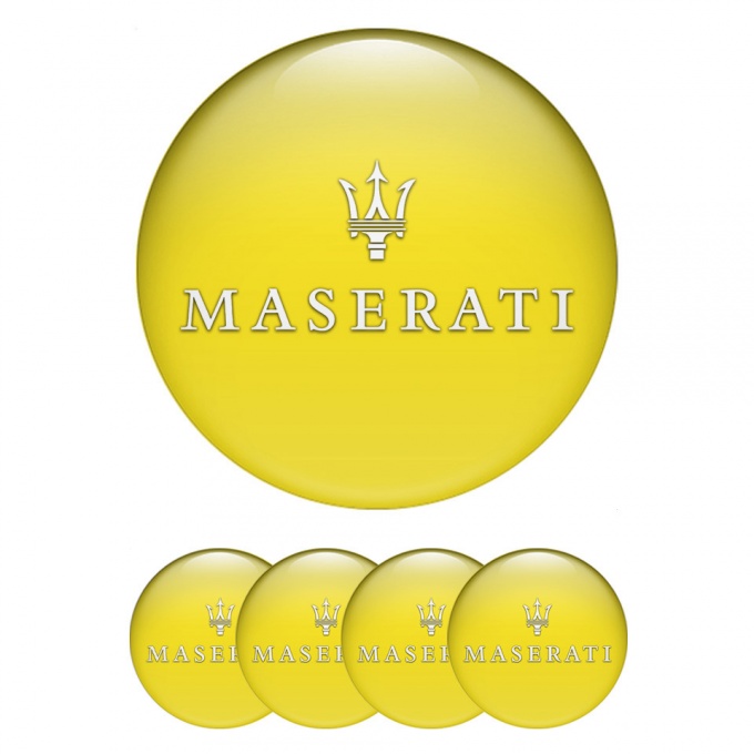 Maserati Emblem for Center Wheel Caps Yellow Print White Trident Logo