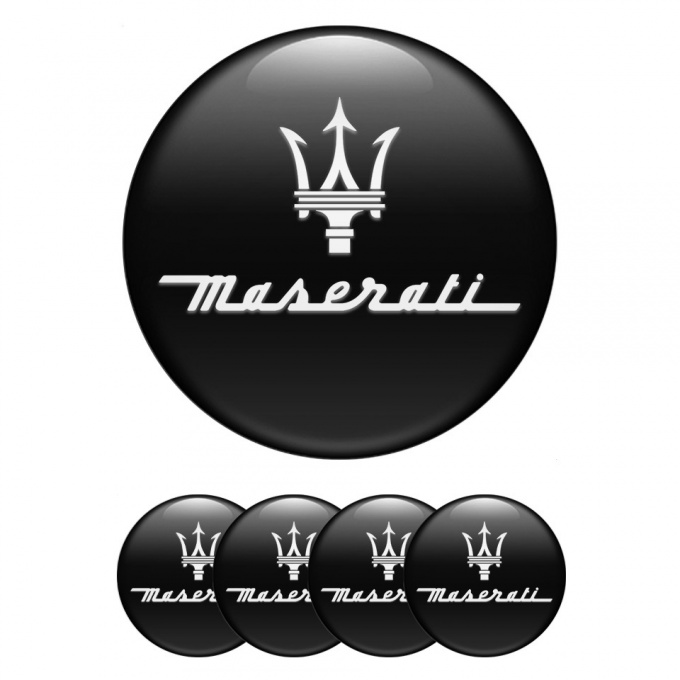 Maserati Wheel Stickers for Center Caps Black Print White Trident Logo