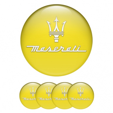 Maserati Stickers for Wheels Center Caps Yellow Print White Trident Symbol