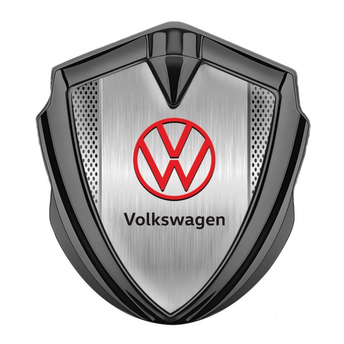 VW Metal Domed Emblem Graphite Light Mesh Brushed Steel Red Logo