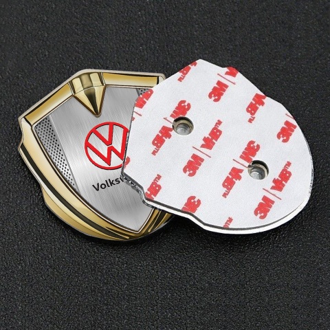 VW Metal Domed Emblem Gold Light Mesh Brushed Steel Red Logo