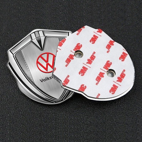 VW Metal Domed Emblem Silver Light Mesh Brushed Steel Red Logo
