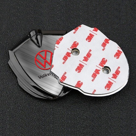 VW Badge Self Adhesive Graphite Brushed Steel Effect Red Logo Design