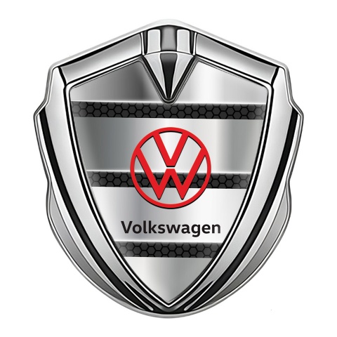 VW Metal Emblem Self Adhesive Silver Honeycomb Base Red Logo