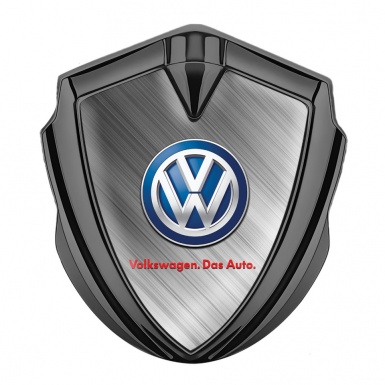 VW Emblem Badge Self Adhesive Graphite Brushed Steel Base Blue Logo
