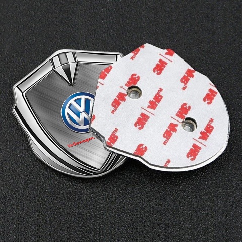 VW Emblem Badge Self Adhesive Silver Brushed Steel Base Blue Logo