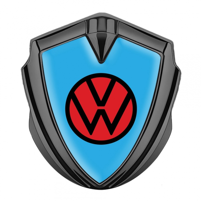 VW Metal Emblem Badge Graphite Sky Blue Base Red Logo Edition