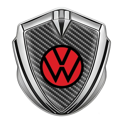 VW Emblem Metal Badge Silver Light Carbon Base Red Circle Logo
