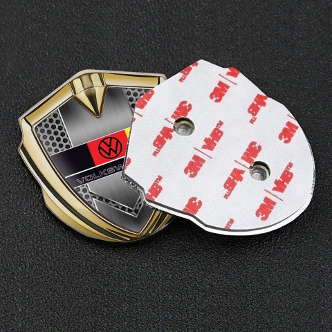 VW Emblem Metal Badge Gold Grey Honeycomb German Flag Design