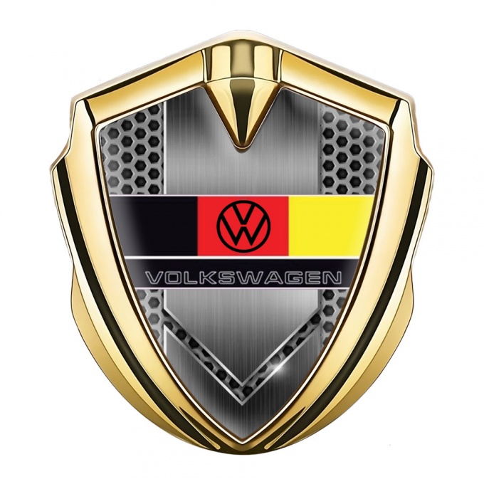VW Emblem Metal Badge Gold Grey Honeycomb German Flag Design