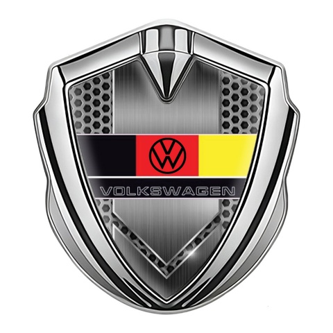 VW Emblem Metal Badge Silver Grey Honeycomb German Flag Design