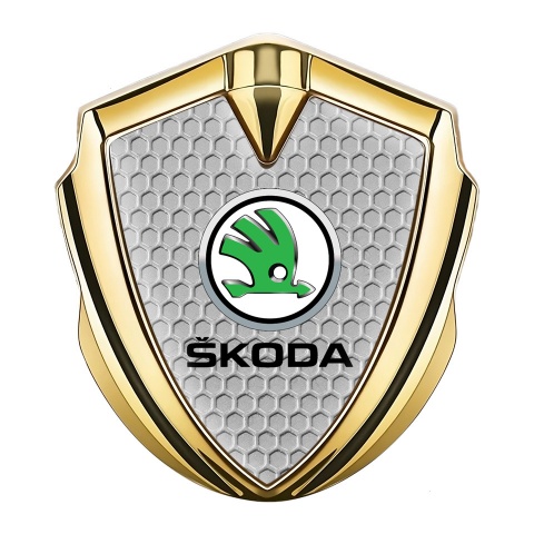 Skoda Emblem Badge Self Adhesive Gold Honeycomb Green Metallic Logo
