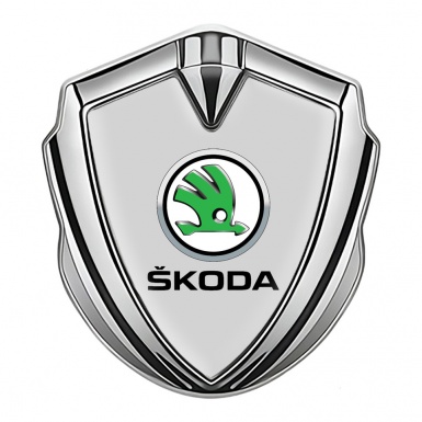 Skoda Emblem Fender Badge Silver Grey Base Green Metallic Logo