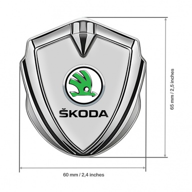 Skoda Emblem Fender Badge Silver Grey Base Green Metallic Logo