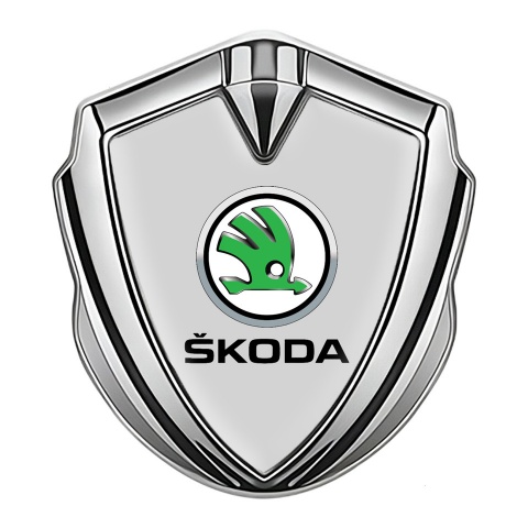 Skoda Emblem Fender Badge Silver Grey Base Green Metallic Logo