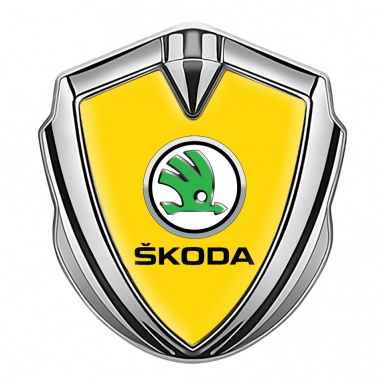 Skoda Emblem Trunk Badge Silver Yellow Fill Green Metallic Logo
