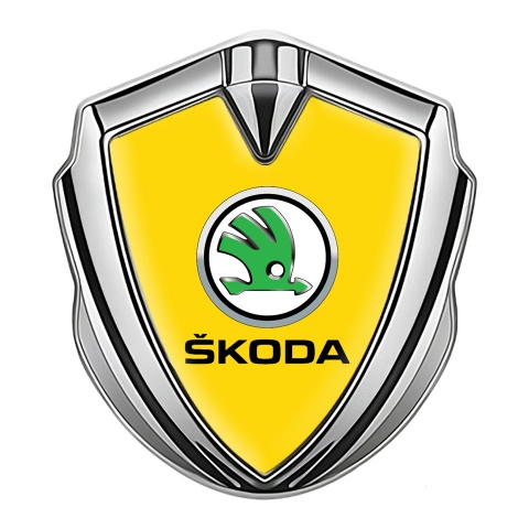 Skoda Emblem Trunk Badge Silver Yellow Fill Green Metallic Logo