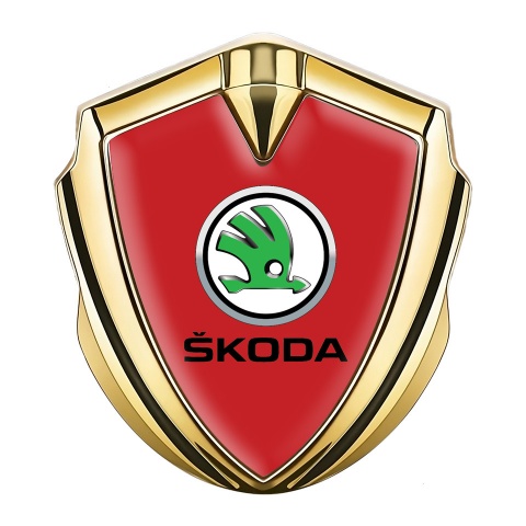Skoda Emblem Self Adhesive Gold Red Fill Green Metallic Logo