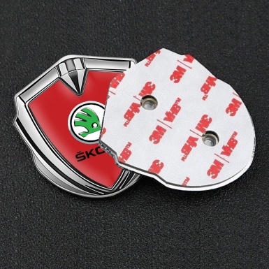 Skoda Emblem Self Adhesive Silver Red Fill Green Metallic Logo