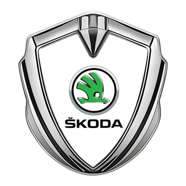 Skoda Metal Emblem Badge Silver White Fill Green Metallic Logo