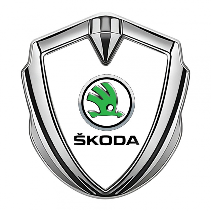 Skoda Metal Emblem Badge Silver White Fill Green Metallic Logo