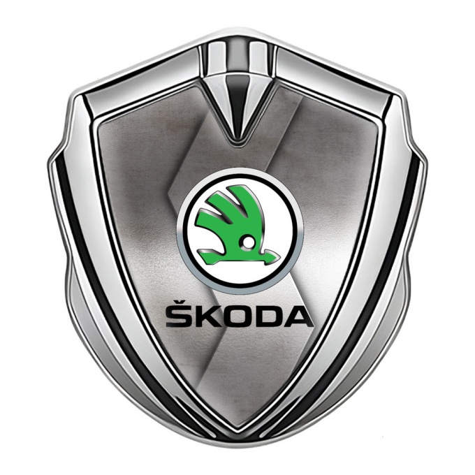 Skoda Emblem Ornament Silver Polished Cut Steel Green Metallic Logo