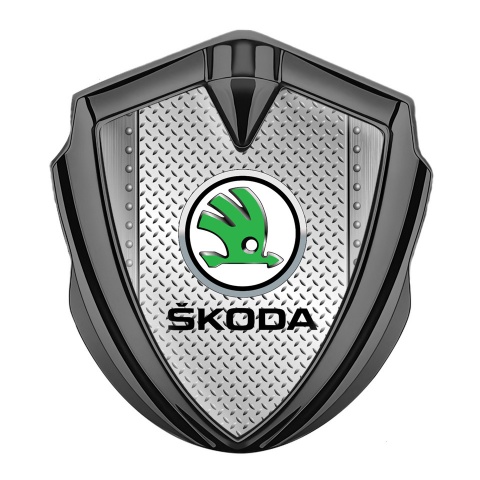 Skoda Emblem Metal Badge Graphite Treadplate Motif Green Metallic Logo