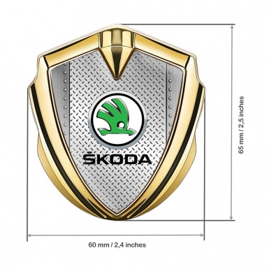 Skoda Emblem Metal Badge Gold Treadplate Motif Green Metallic Logo