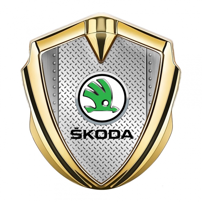Skoda Emblem Metal Badge Gold Treadplate Motif Green Metallic Logo