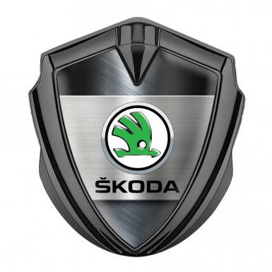Skoda 3d Emblem Badge Graphite Brushed Effect Green Metallic Logo