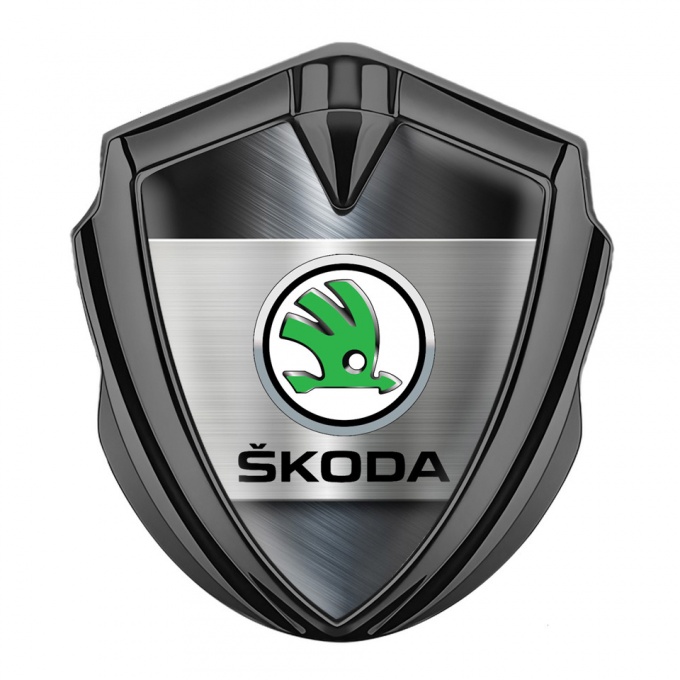 Skoda 3d Emblem Badge Graphite Brushed Effect Green Metallic Logo