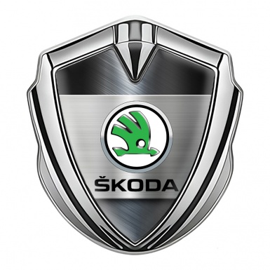 Skoda 3d Emblem Badge Silver Brushed Effect Green Metallic Logo