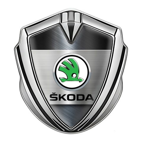 Skoda 3d Emblem Badge Silver Brushed Effect Green Metallic Logo