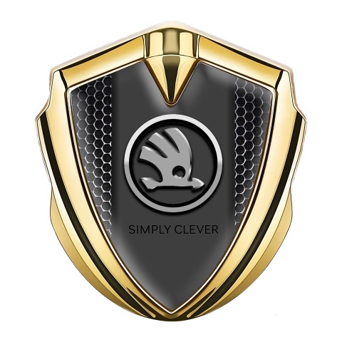 Skoda Emblem Badge Self Adhesive Gold Dark Mesh Chrome Logo Design