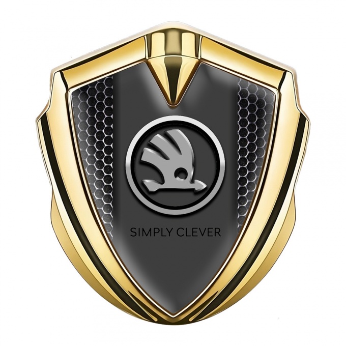 Skoda Emblem Badge Self Adhesive Gold Dark Mesh Chrome Logo Design
