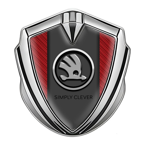 Skoda Emblem Ornament Silver Red Carbon Chrome Logo Motif