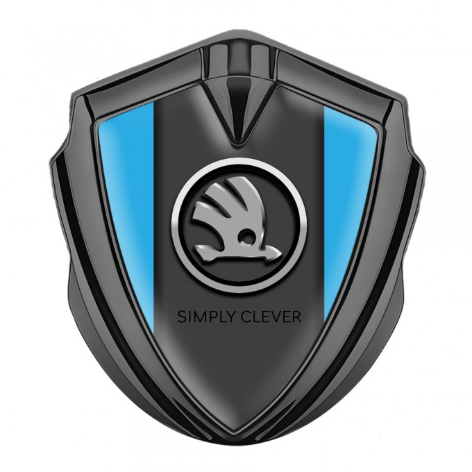 Skoda Emblem Metal Badge Graphite Ice Blue Base Chrome Logo Edition
